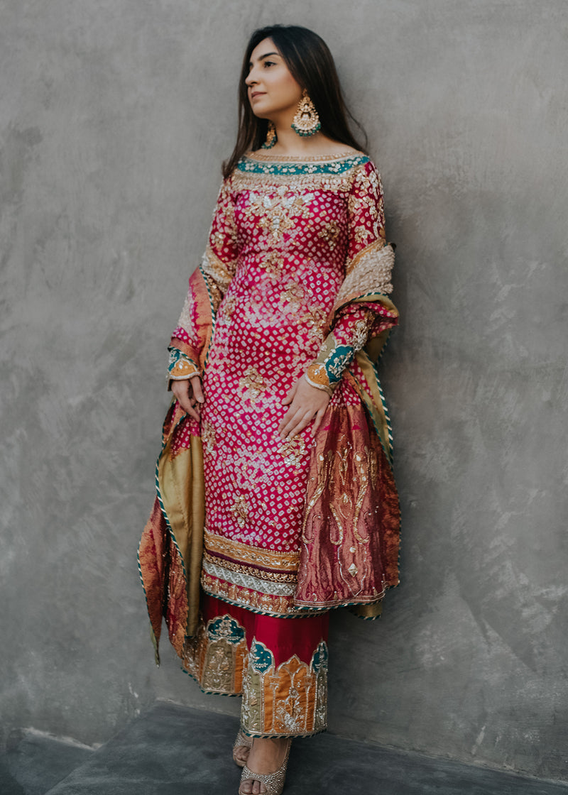 Pakistani Pink Gota Embroidered Chunri Silk Salwar Kameez (3-Piece) - Image 2