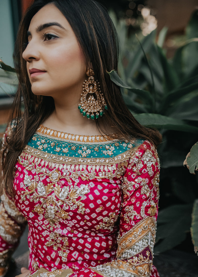 Pakistani Pink Gota Embroidered Chunri Silk Salwar Kameez (3-Piece) - Image 3