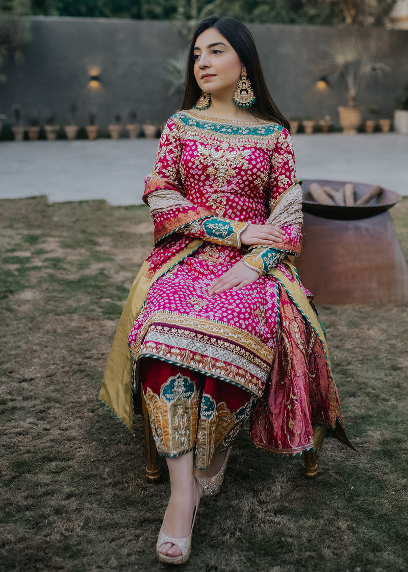 Pakistani Pink Gota Embroidered Chunri Silk Salwar Kameez (3-Piece) - Image 4