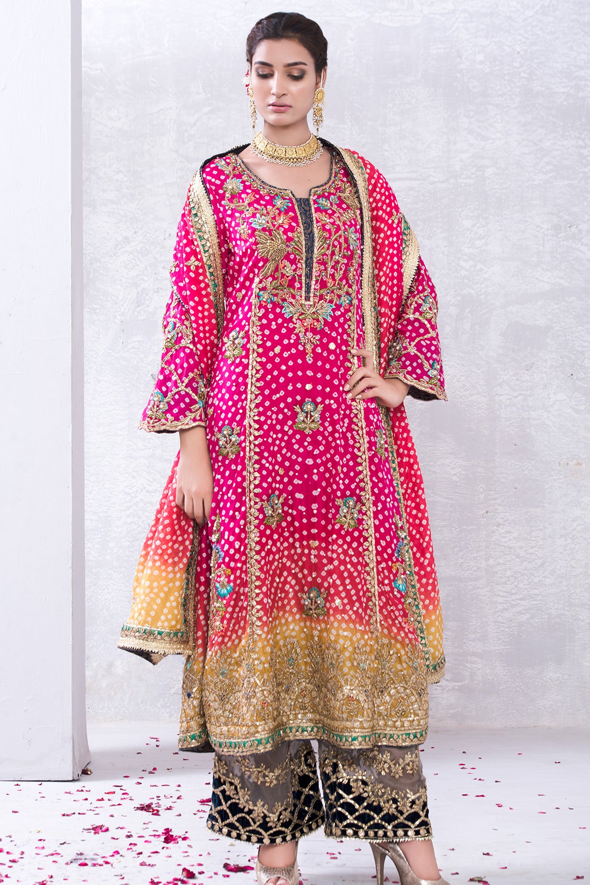 Pakistani Hot Pink Hand-Embellished Chunri Silk Salwar Kameez (3-Piece) - Image 1