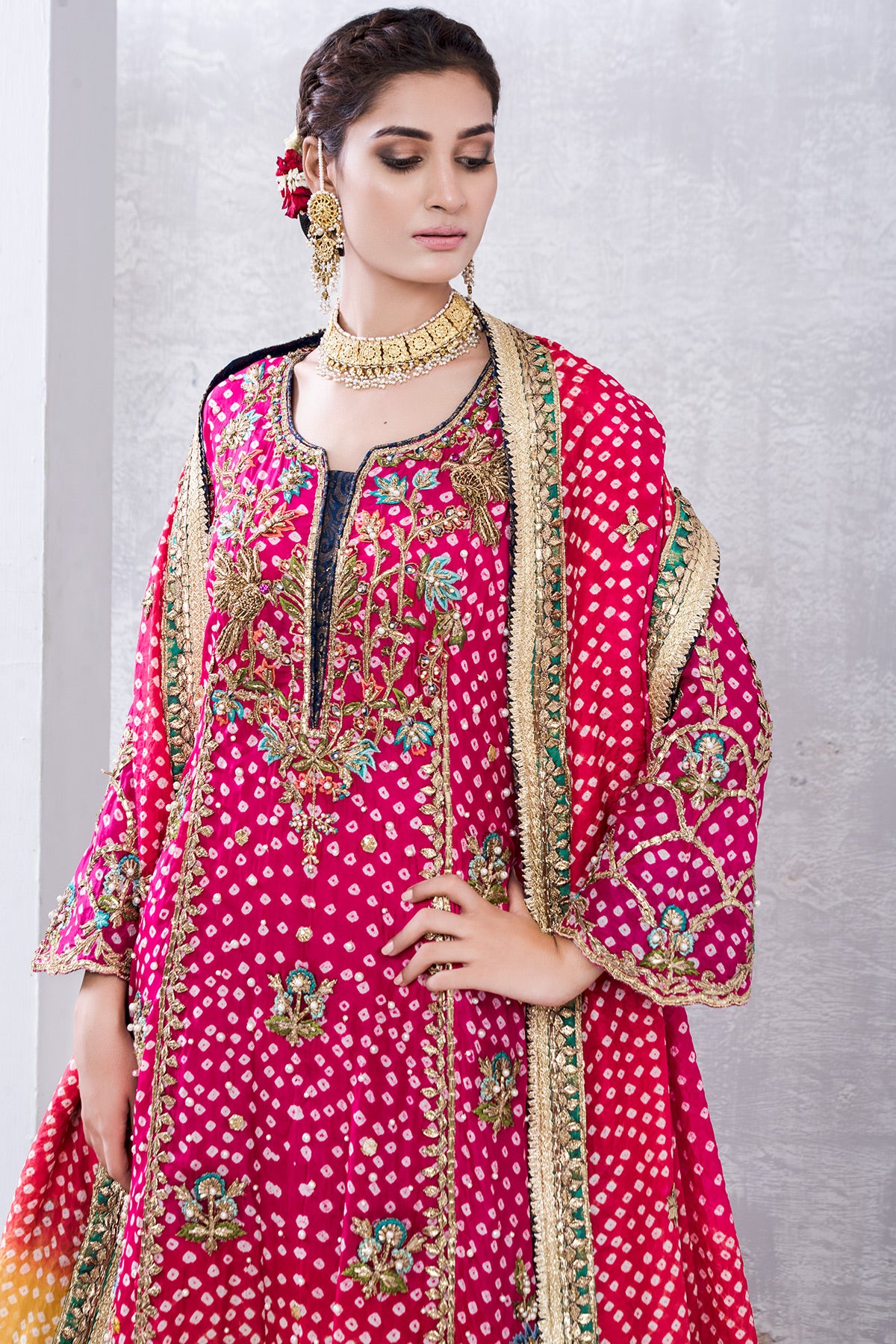 Pakistani Hot Pink Hand-Embellished Chunri Silk Salwar Kameez (3-Piece) - Image 2