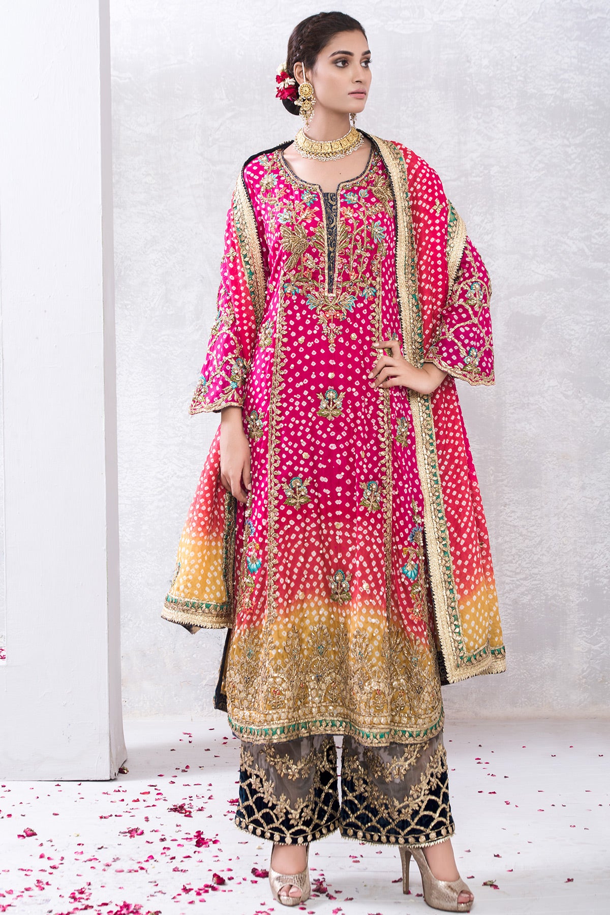 Pakistani Hot Pink Hand-Embellished Chunri Silk Salwar Kameez (3-Piece) - Image 3