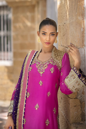 Pakistani Hot Pink Embellished Pure Silk Salwar Kameez (3-Piece) - Image 3