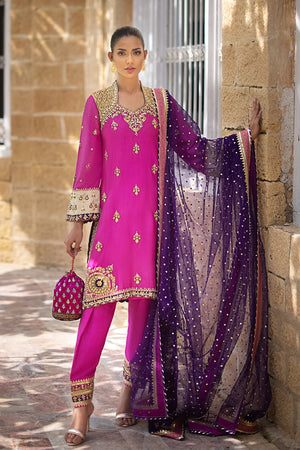 Pakistani Hot Pink Embellished Pure Silk Salwar Kameez (3-Piece) - Image 4