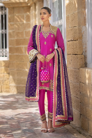 Pakistani Hot Pink Embellished Pure Silk Salwar Kameez (3-Piece) - Image 5