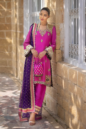 Pakistani Hot Pink Embellished Pure Silk Salwar Kameez (3-Piece) - Image 6