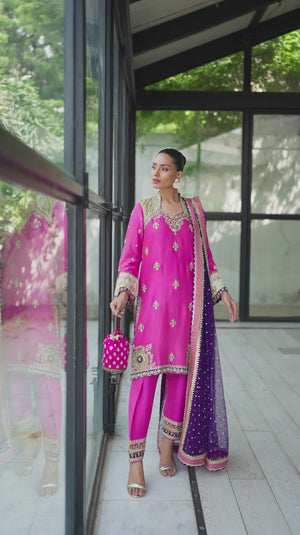 Pakistani Hot Pink Embellished Pure Silk Salwar Kameez (3-Piece) - Image 8