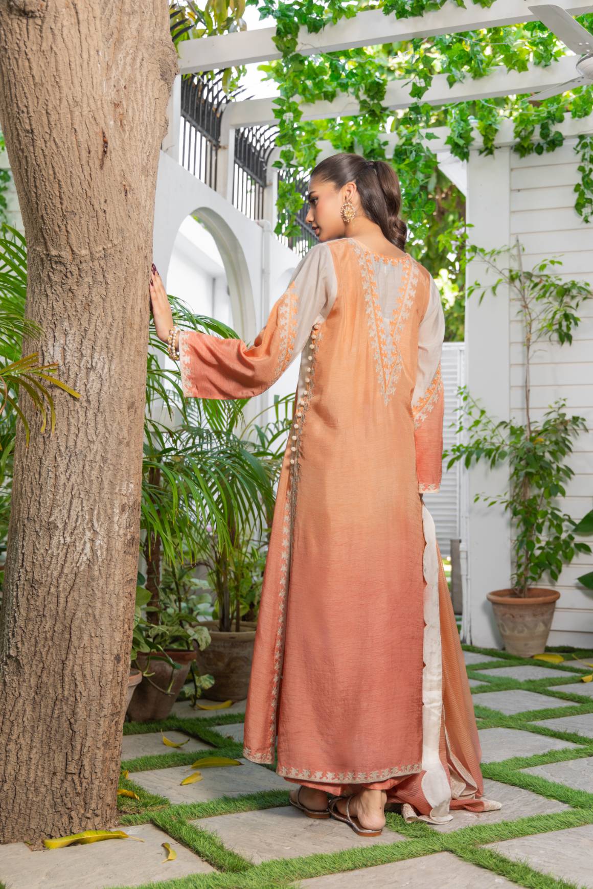 Peach Handworked Silk Kurta Set (3-Piece) - Image 5