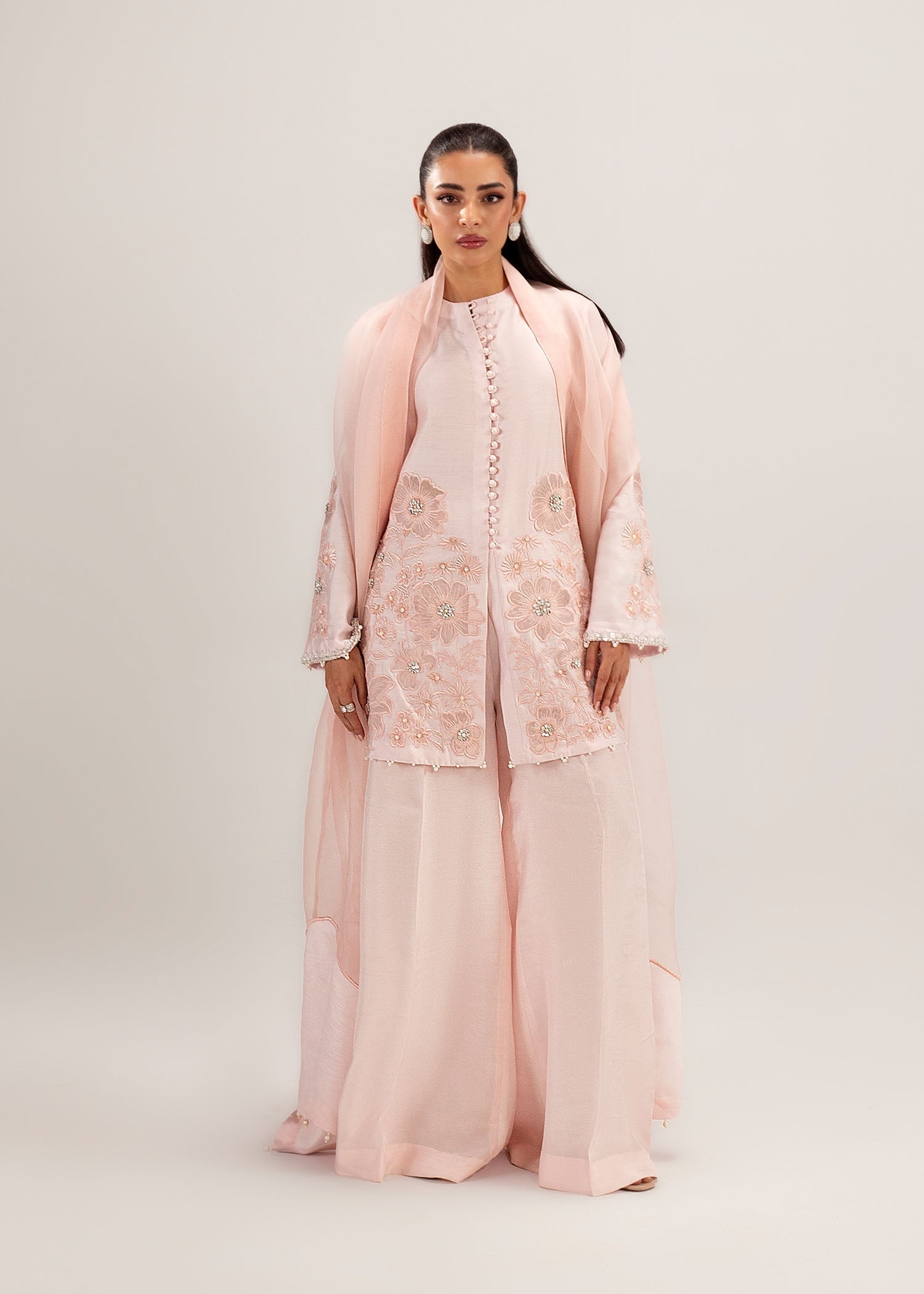 Pakistani Pastel Pink Embroidered Silk Khadi Net Kurta Set (3-Piece) - Image 1