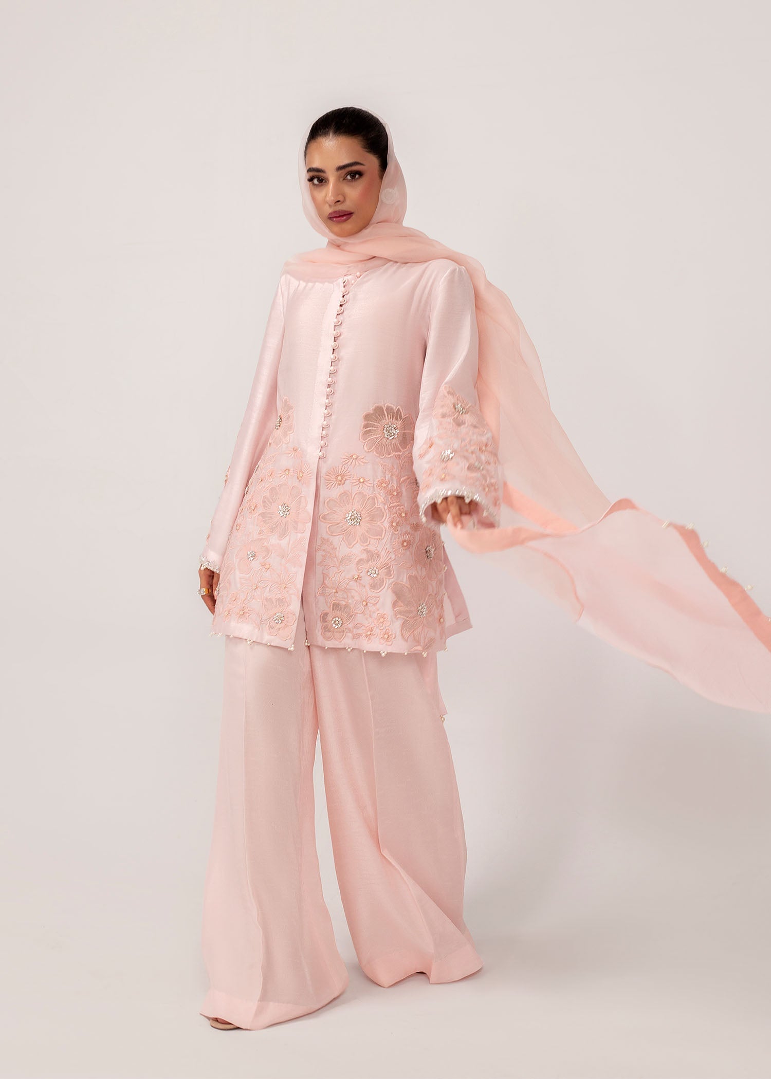 Pakistani Pastel Pink Embroidered Silk Khadi Net Kurta Set (3-Piece) - Image 10