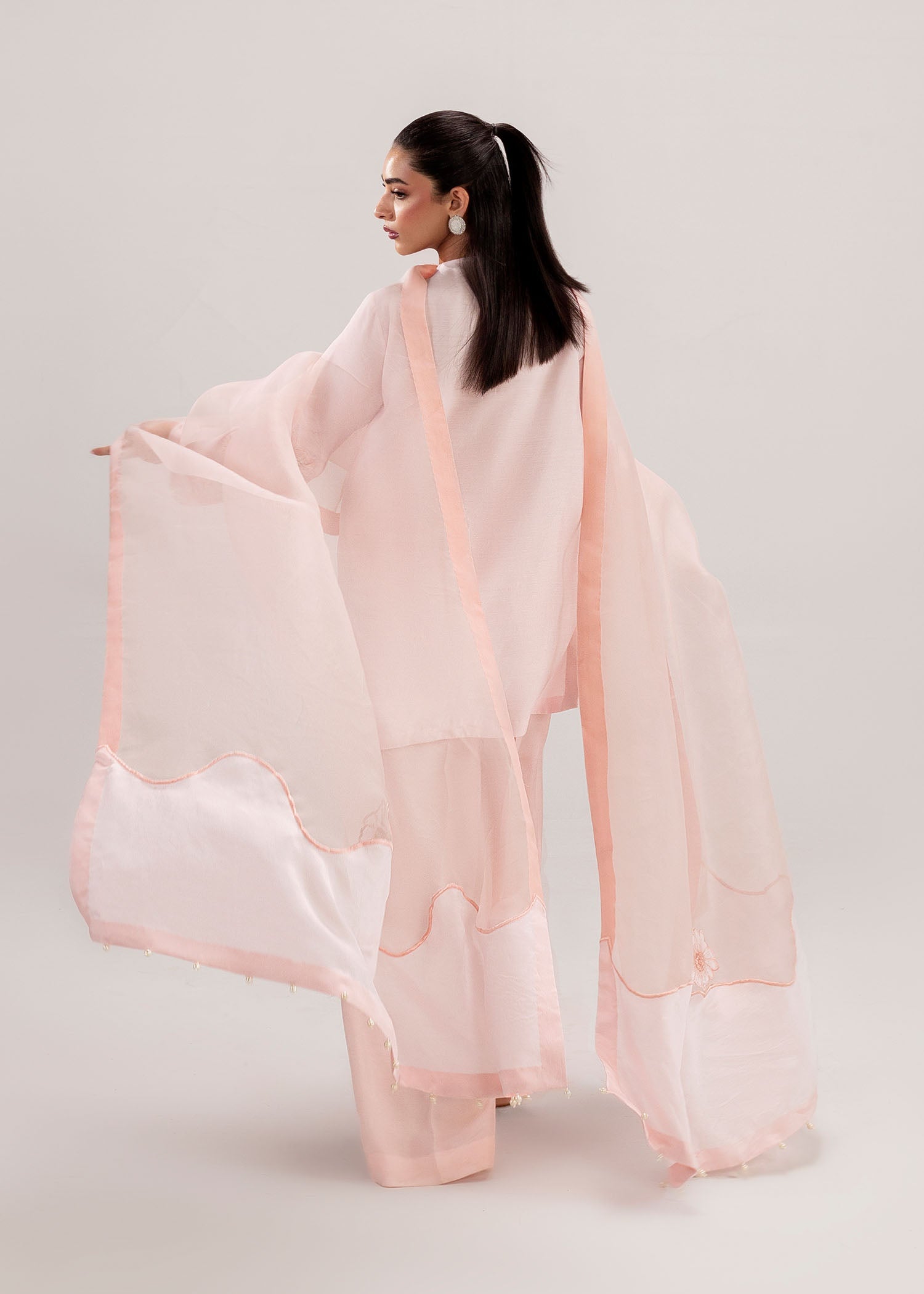 Pakistani Pastel Pink Embroidered Silk Khadi Net Kurta Set (3-Piece) - Image 11