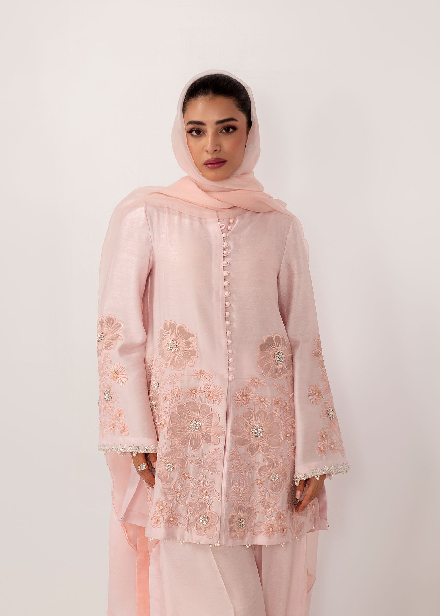 Pakistani Pastel Pink Embroidered Silk Khadi Net Kurta Set (3-Piece) - Image 2