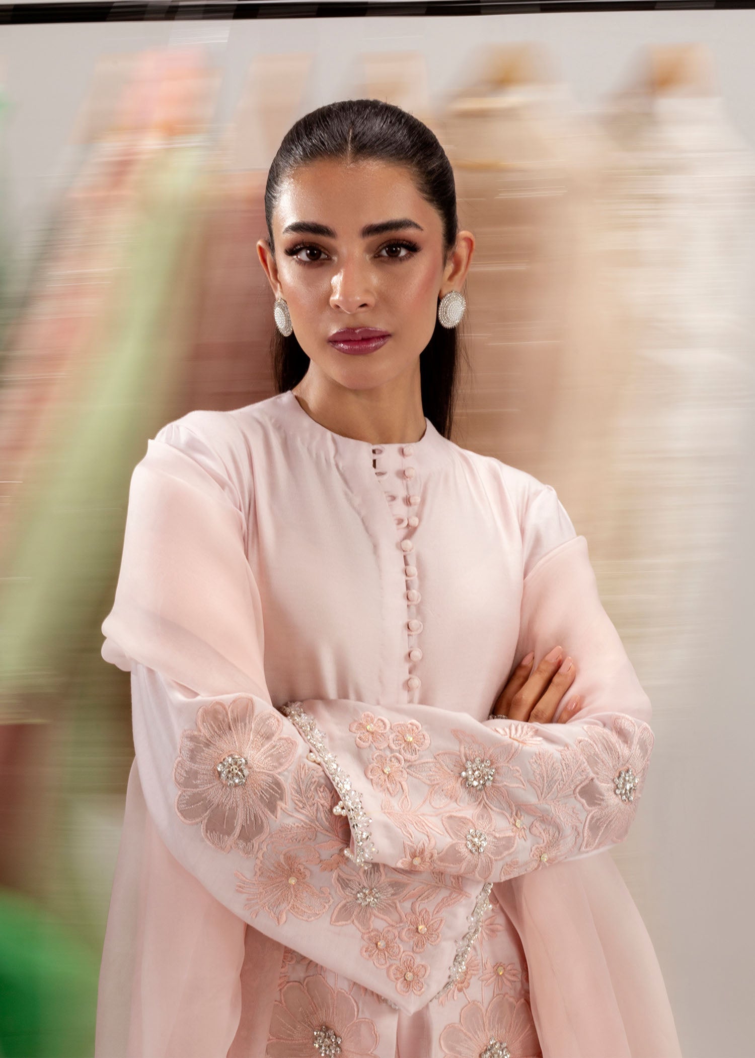 Pakistani Pastel Pink Embroidered Silk Khadi Net Kurta Set (3-Piece) - Image 3