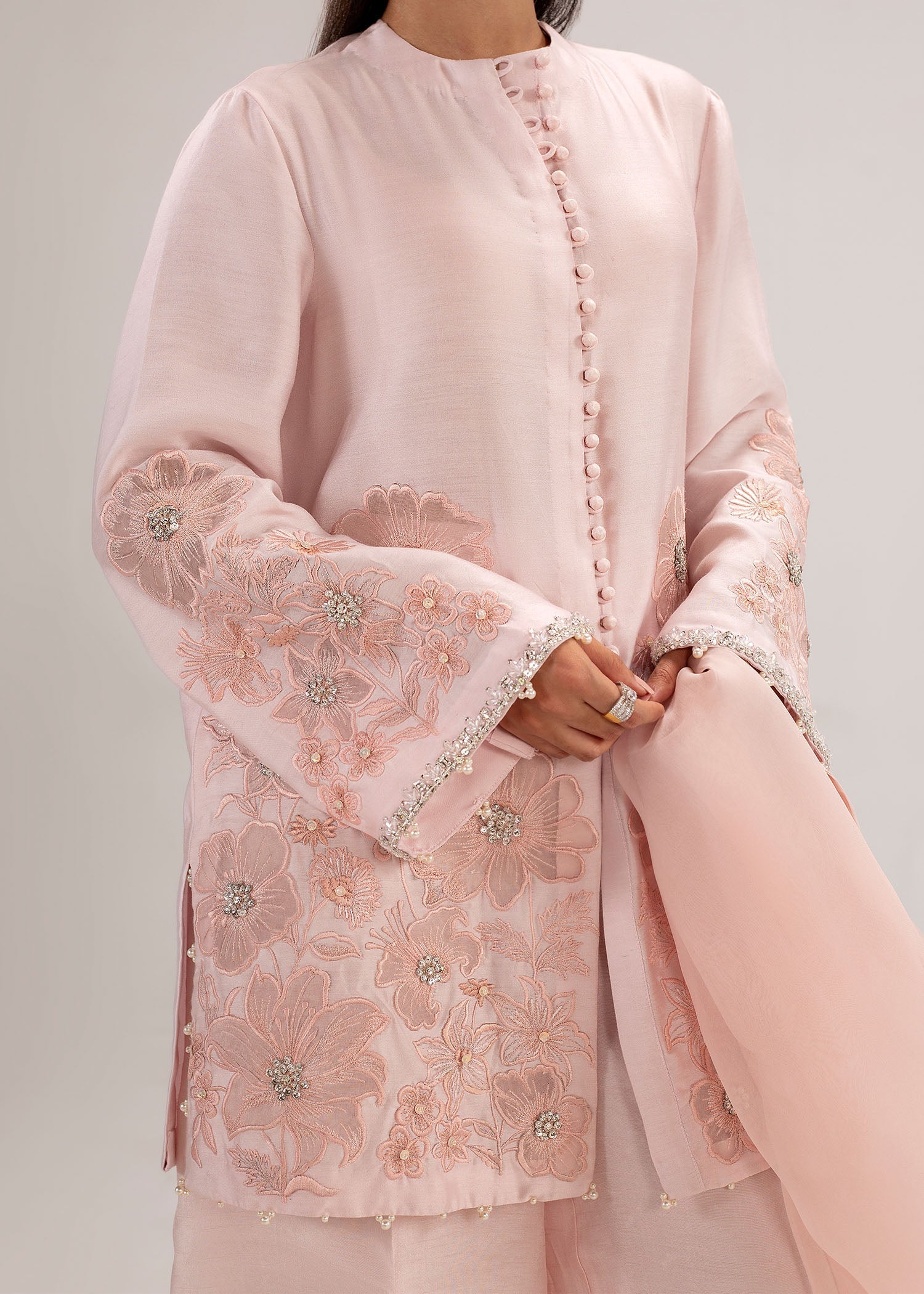 Pakistani Pastel Pink Embroidered Silk Khadi Net Kurta Set (3-Piece) - Image 4