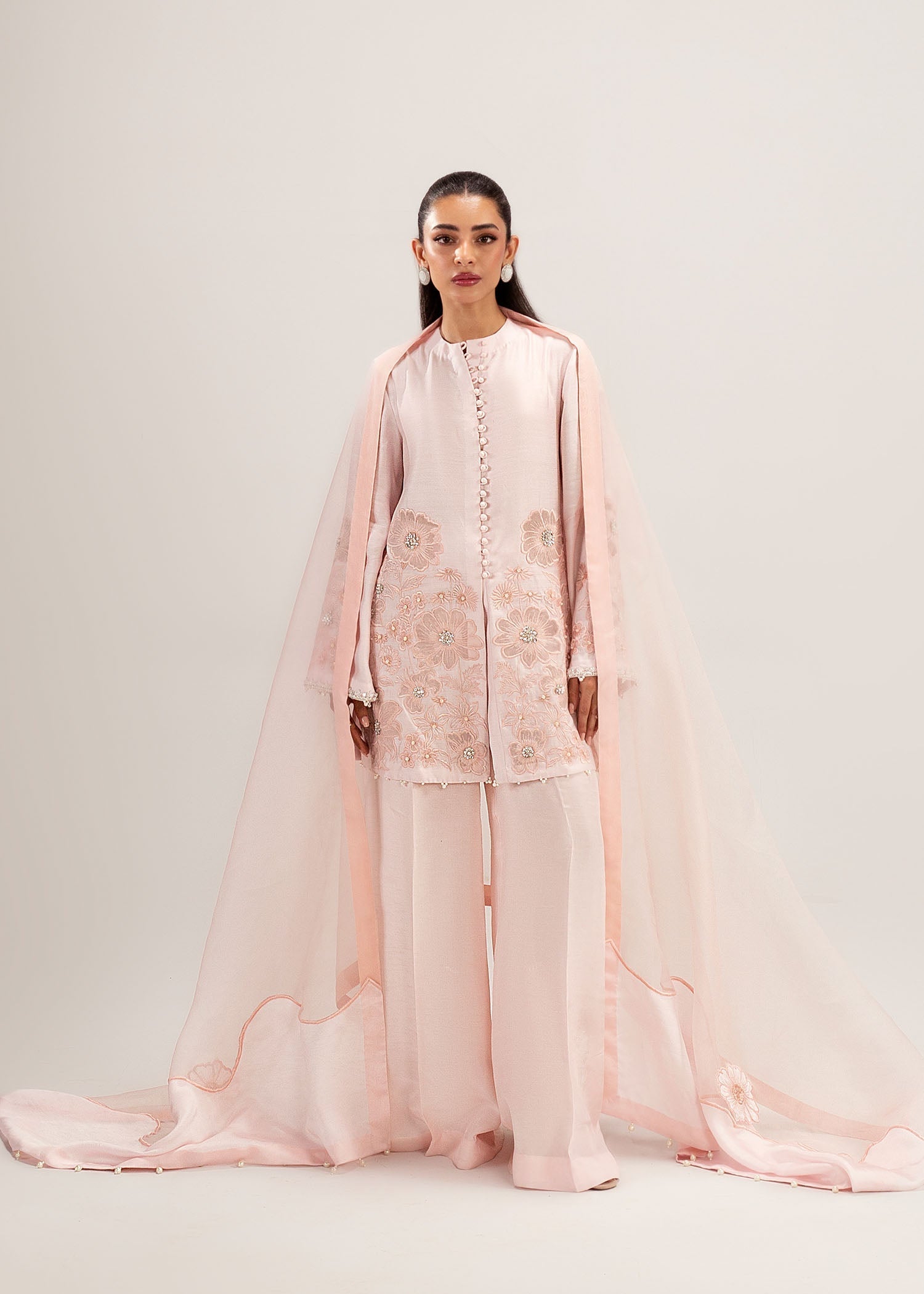 Pakistani Pastel Pink Embroidered Silk Khadi Net Kurta Set (3-Piece) - Image 7