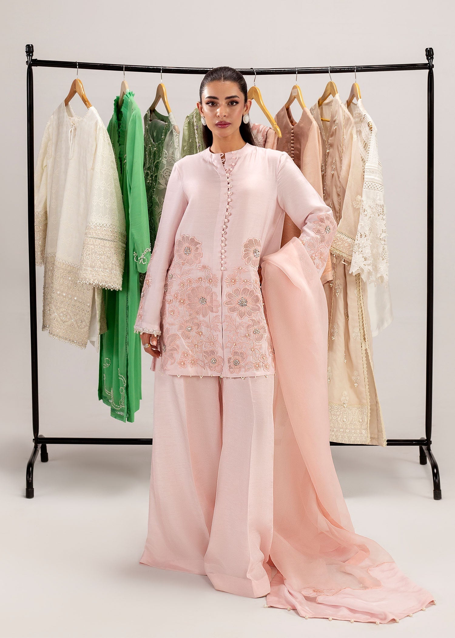 Pakistani Pastel Pink Embroidered Silk Khadi Net Kurta Set (3-Piece) - Image 8
