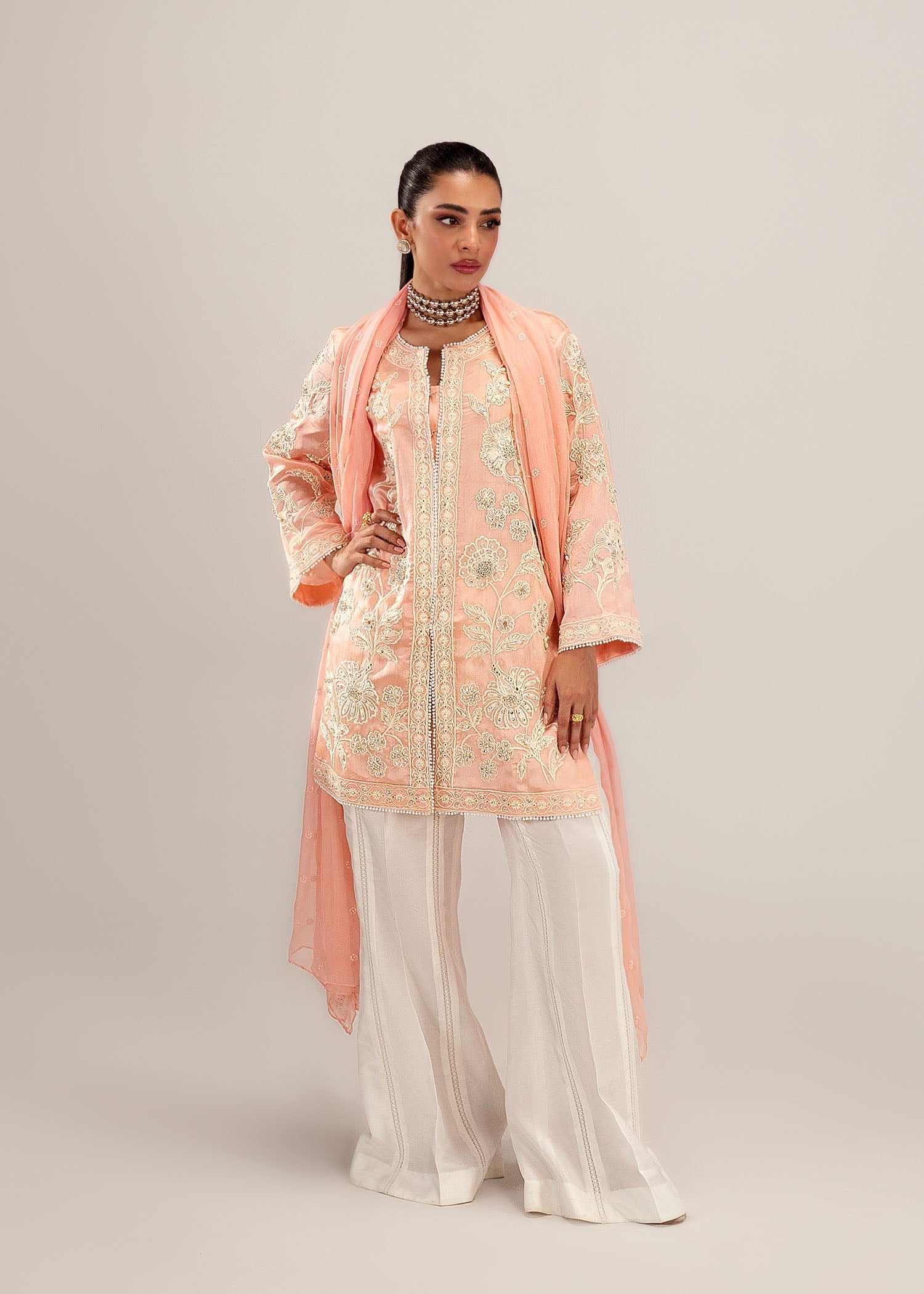 Coral Pink Embroidered Silk Khadi Net Kurta Set (3-Piece) - Image 1