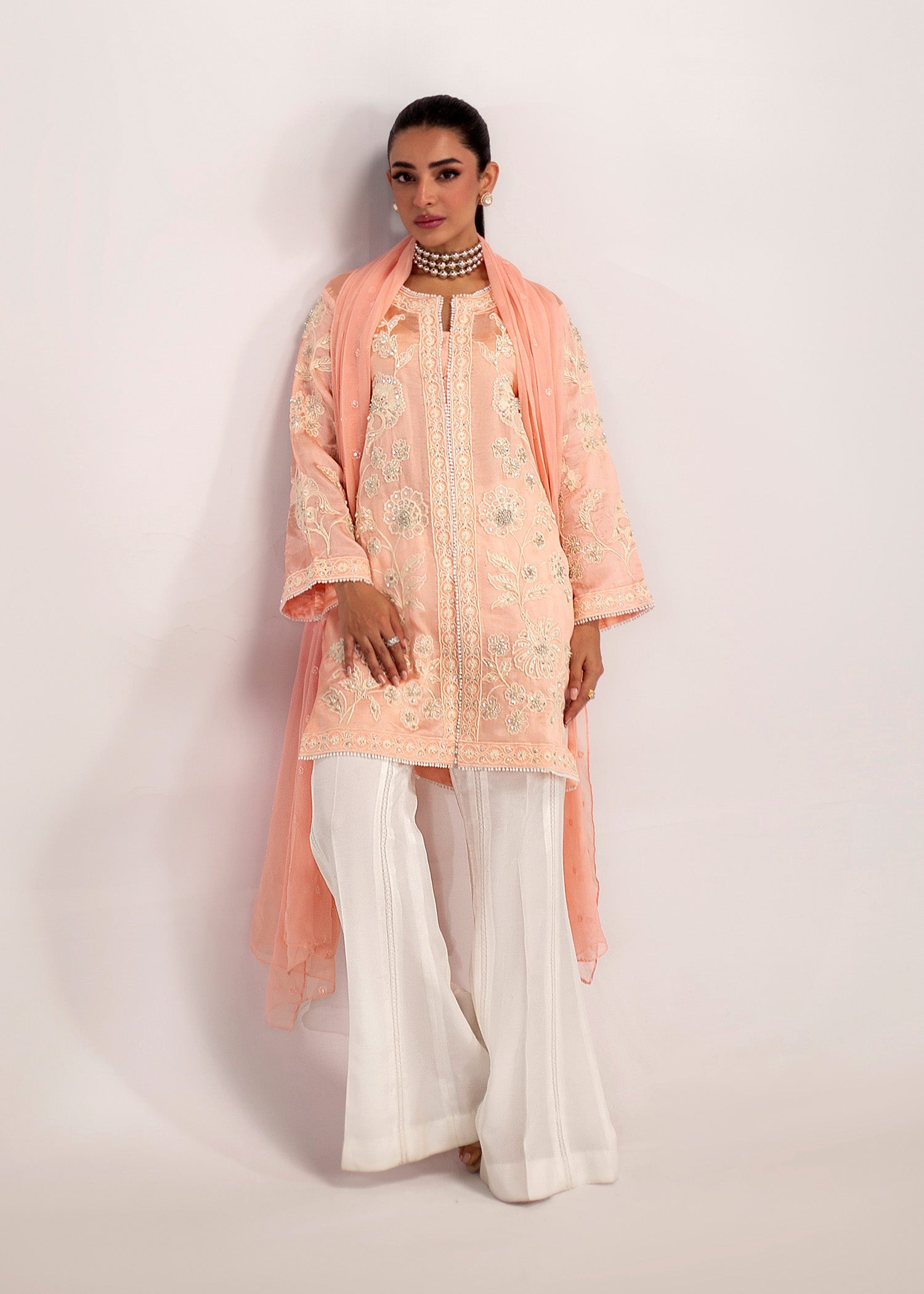 Coral Pink Embroidered Silk Khadi Net Kurta Set (3-Piece) - Image 10