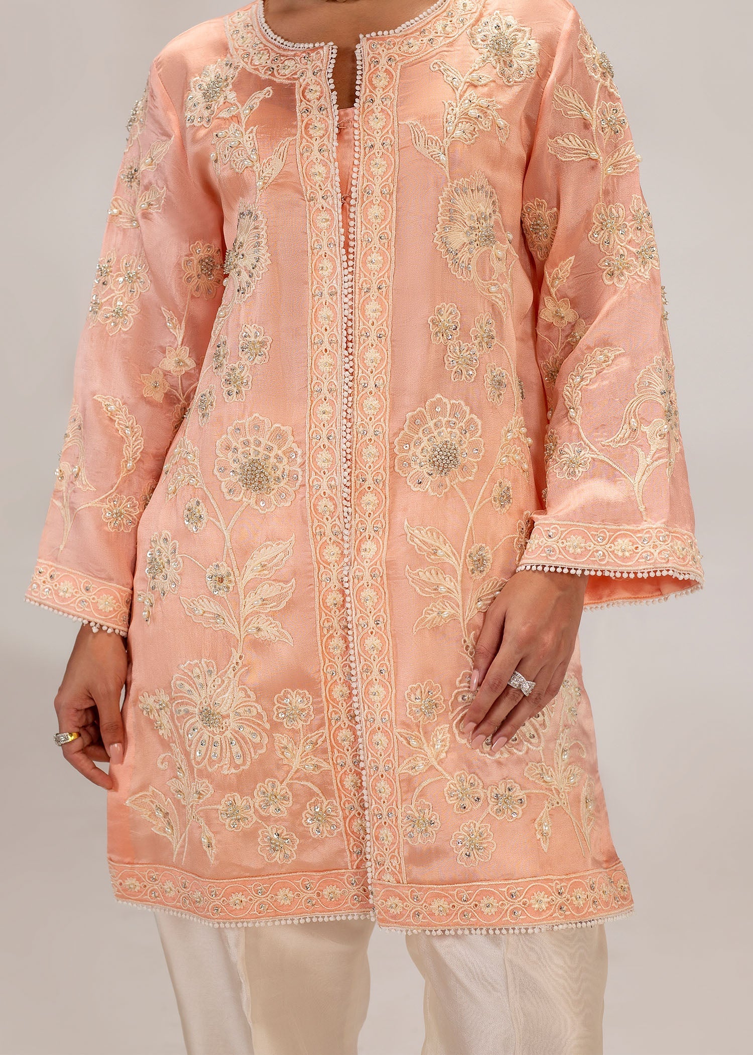 Coral Pink Embroidered Silk Khadi Net Kurta Set (3-Piece) - Image 3