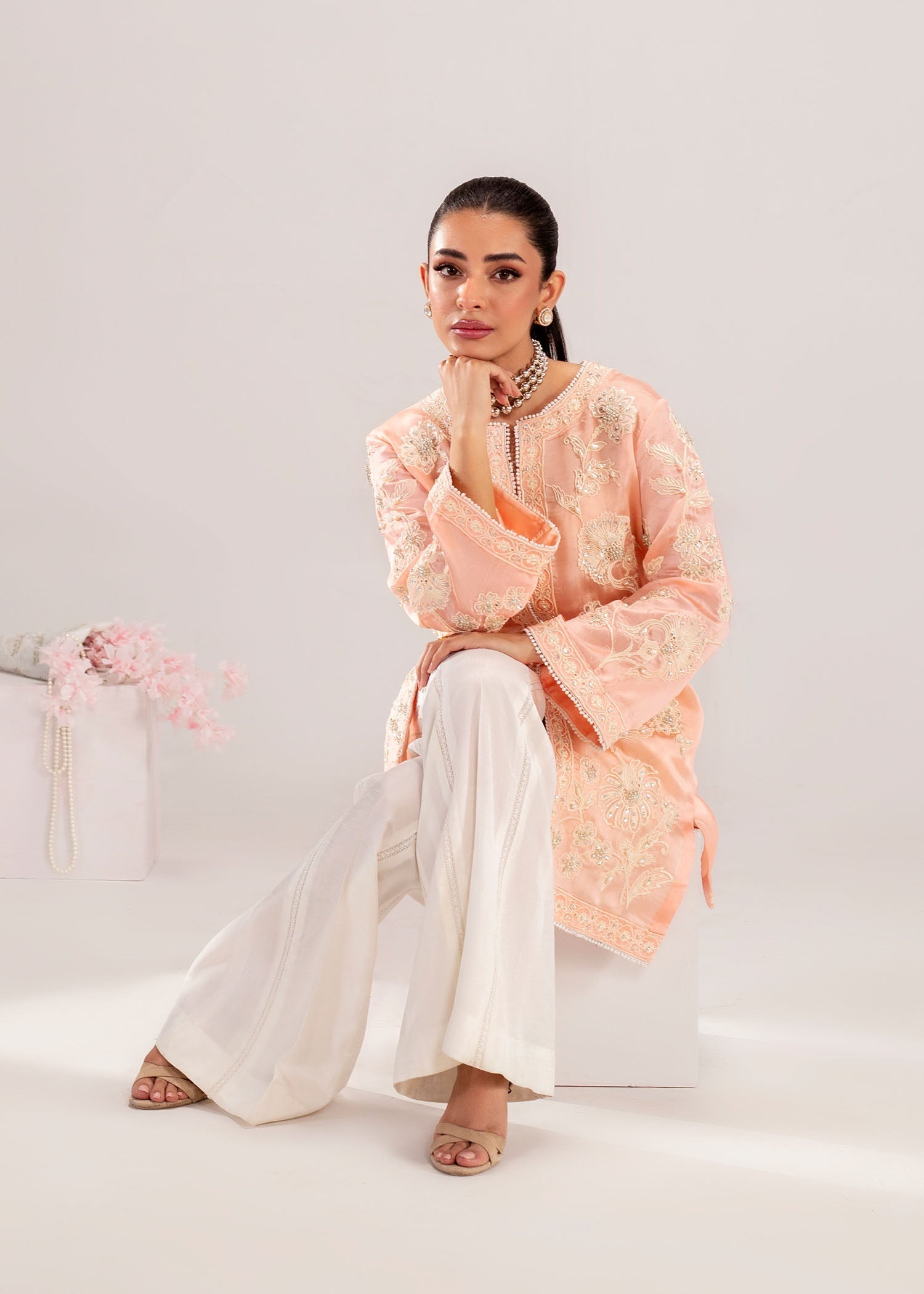 Coral Pink Embroidered Silk Khadi Net Kurta Set (3-Piece) - Image 4