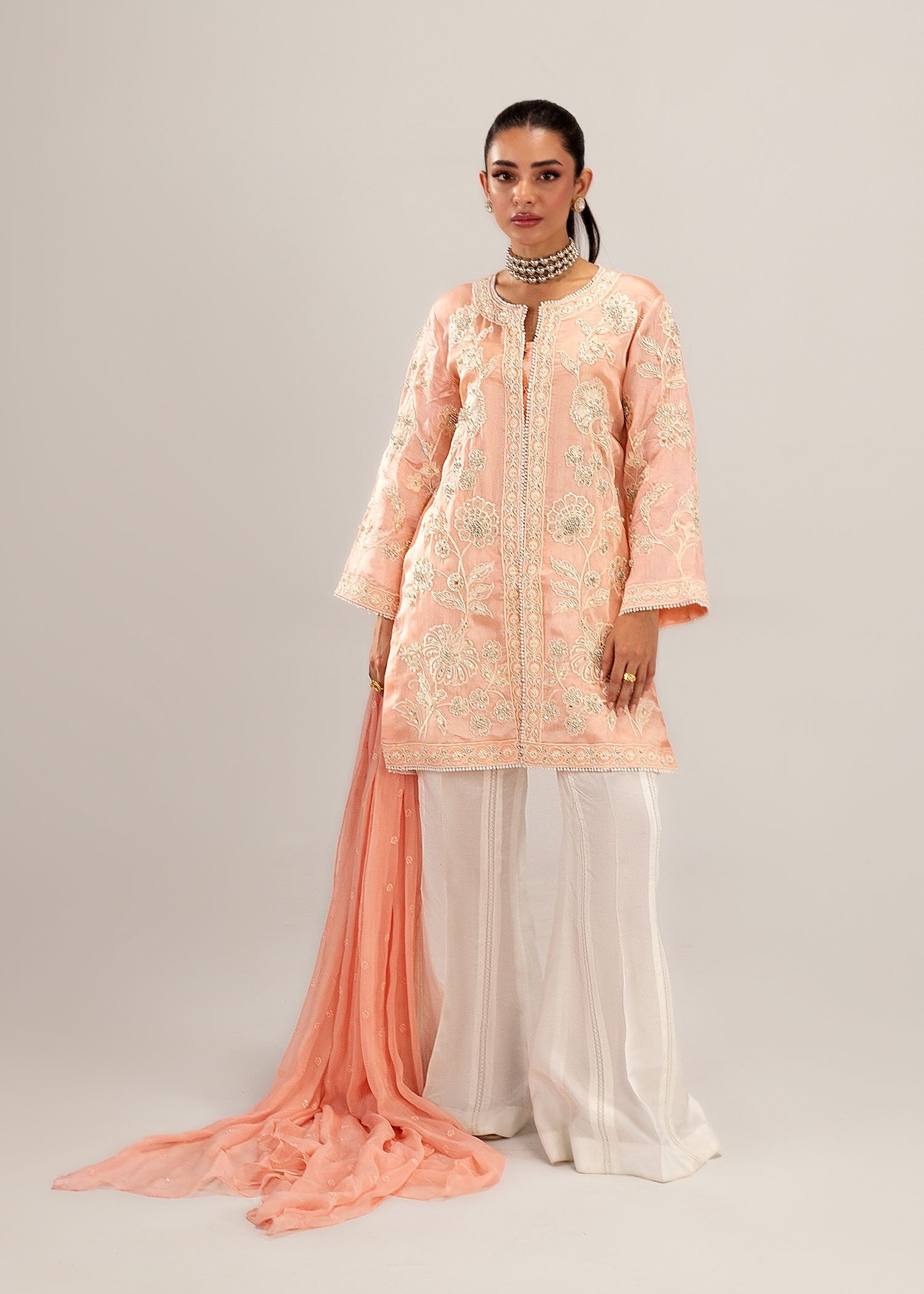 Coral Pink Embroidered Silk Khadi Net Kurta Set (3-Piece) - Image 5