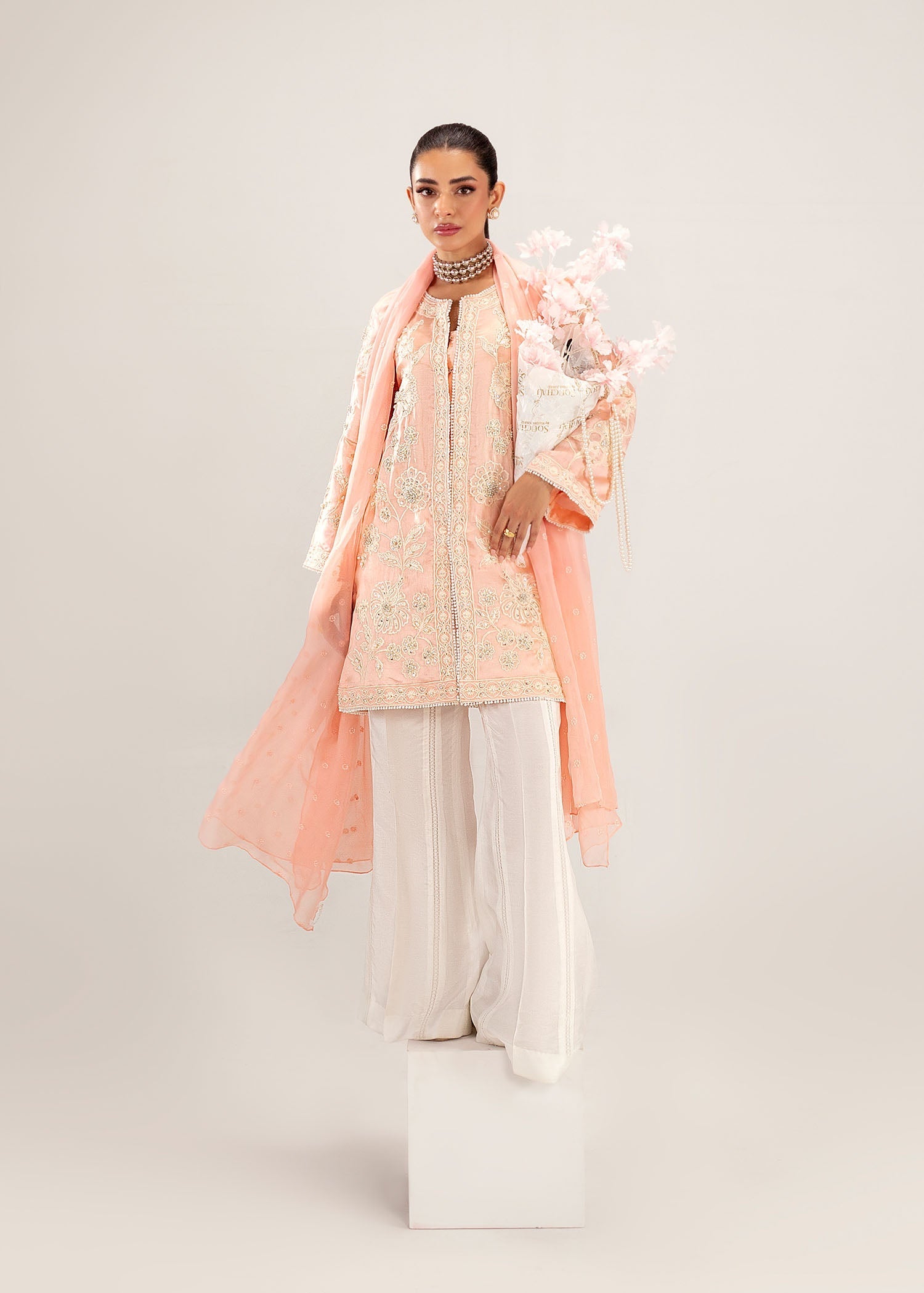 Coral Pink Embroidered Silk Khadi Net Kurta Set (3-Piece) - Image 6