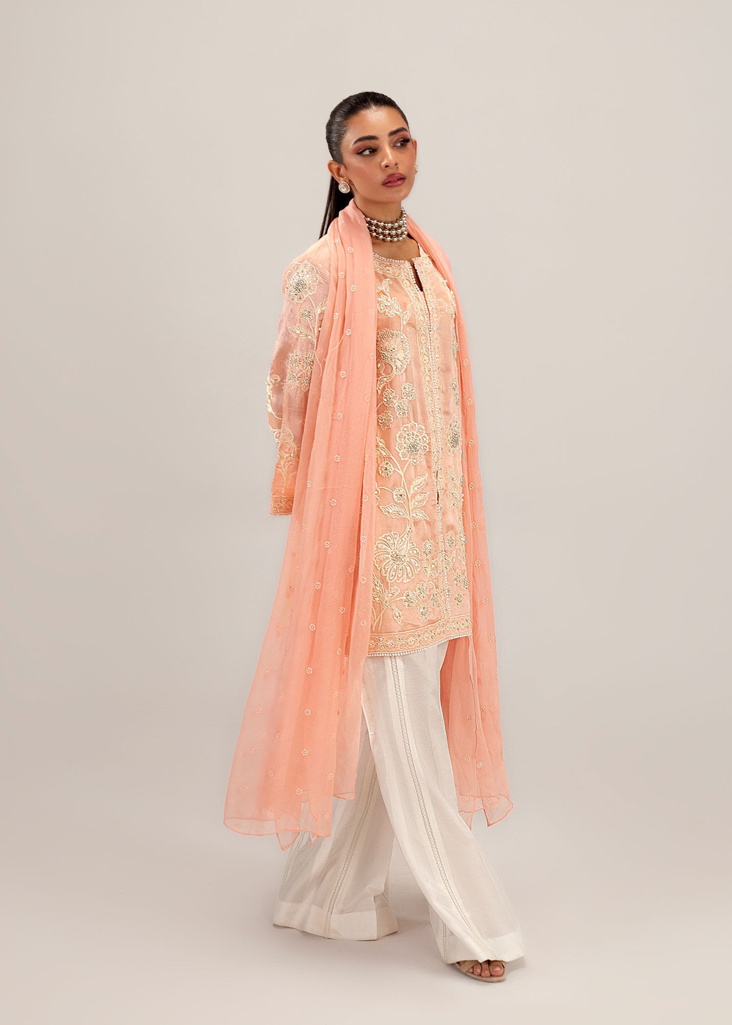 Coral Pink Embroidered Silk Khadi Net Kurta Set (3-Piece) - Image 7