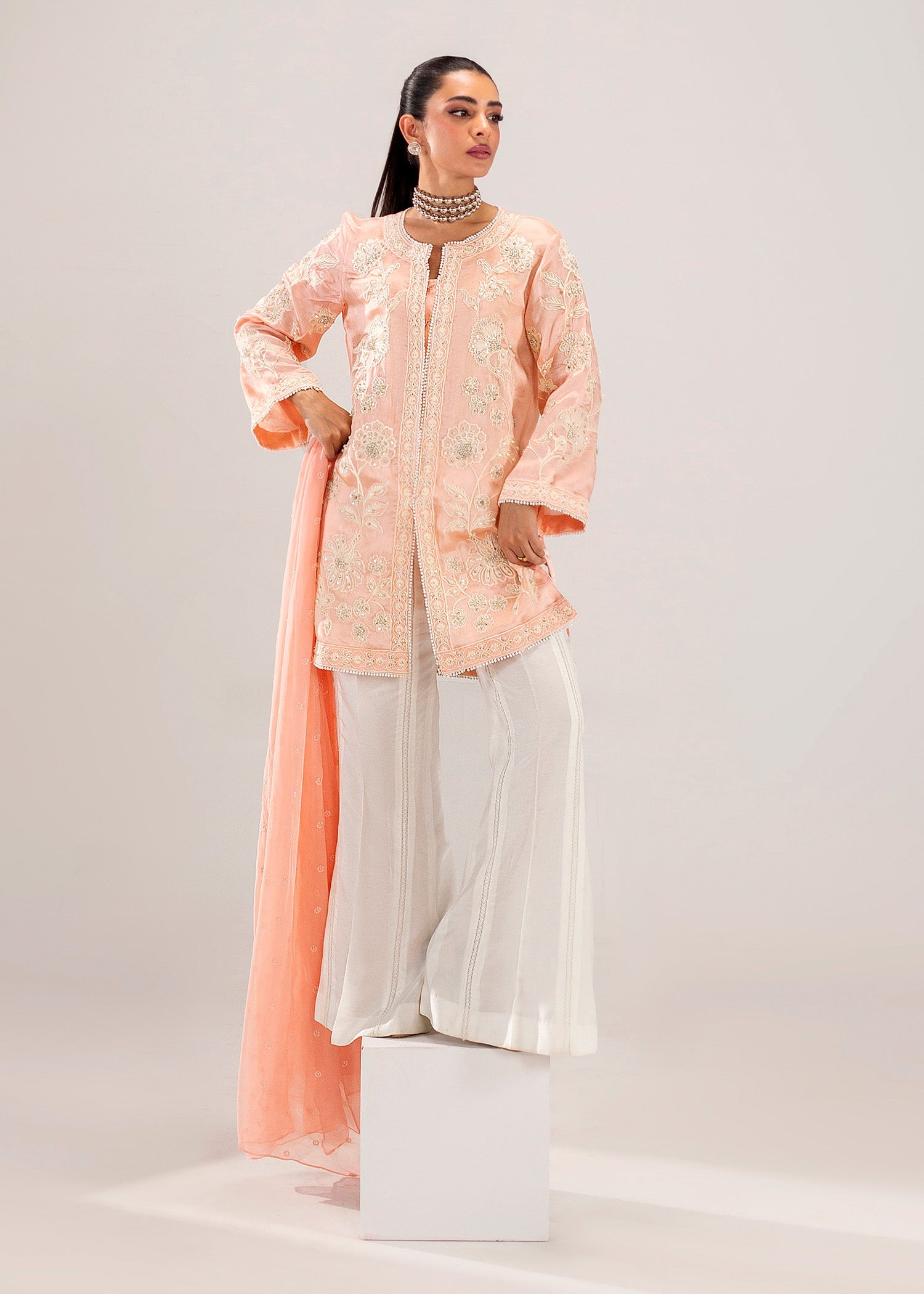 Coral Pink Embroidered Silk Khadi Net Kurta Set (3-Piece) - Image 8
