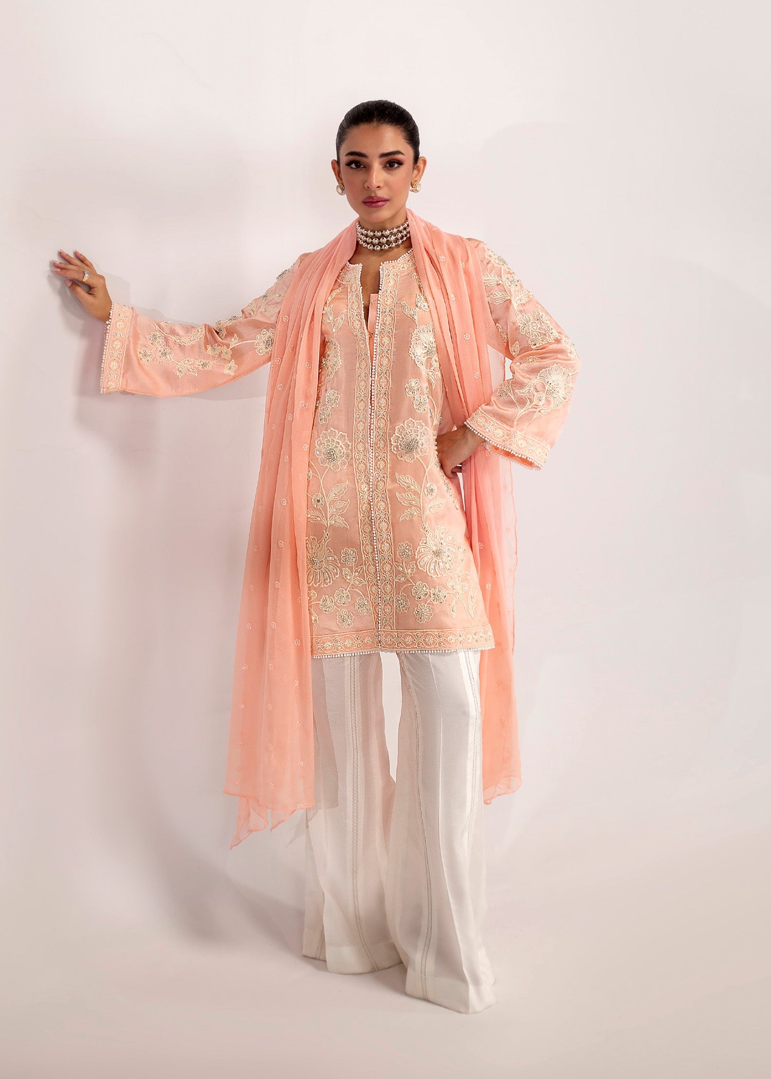 Coral Pink Embroidered Silk Khadi Net Kurta Set (3-Piece) - Image 9