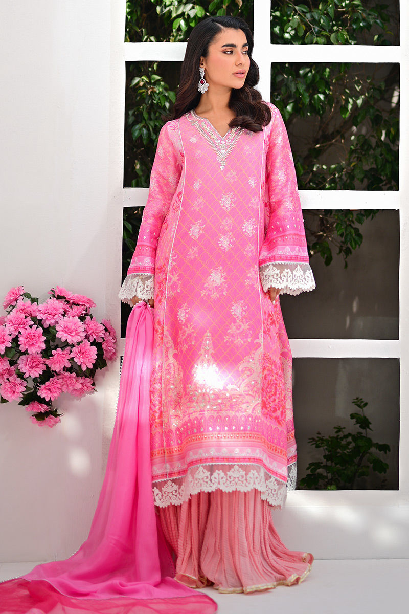 Pakistani Rose Pink Lace & Gota Silk Salwar Kameez (3-Piece) - Image 1