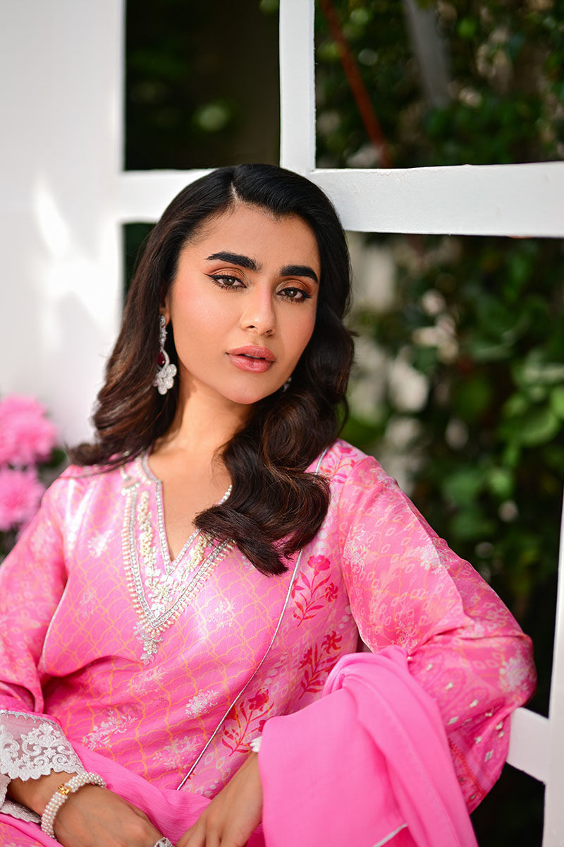 Pakistani Rose Pink Lace & Gota Silk Salwar Kameez (3-Piece) - Image 2