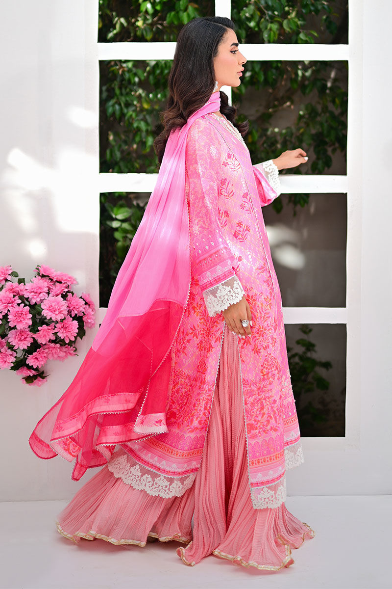 Pakistani Rose Pink Lace & Gota Silk Salwar Kameez (3-Piece) - Image 3