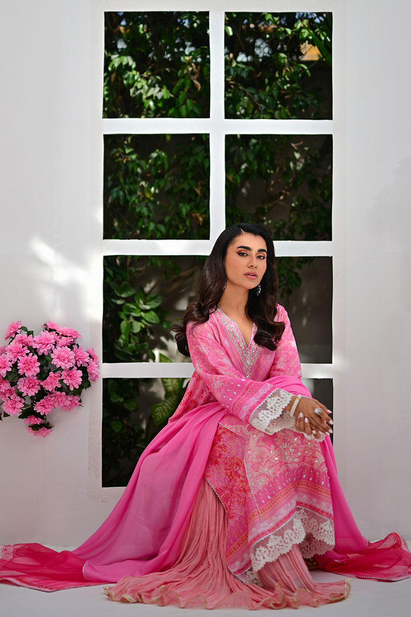 Pakistani Rose Pink Lace & Gota Silk Salwar Kameez (3-Piece) - Image 4
