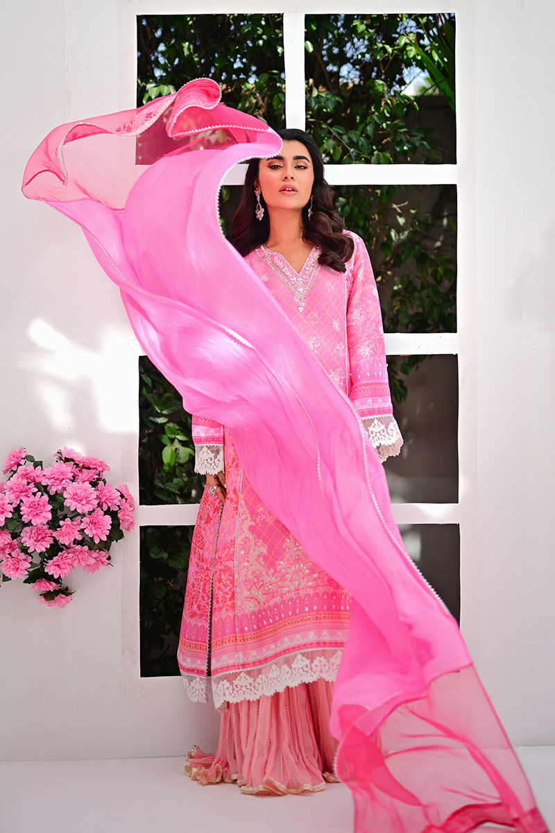 Pakistani Rose Pink Lace & Gota Silk Salwar Kameez (3-Piece) - Image 6