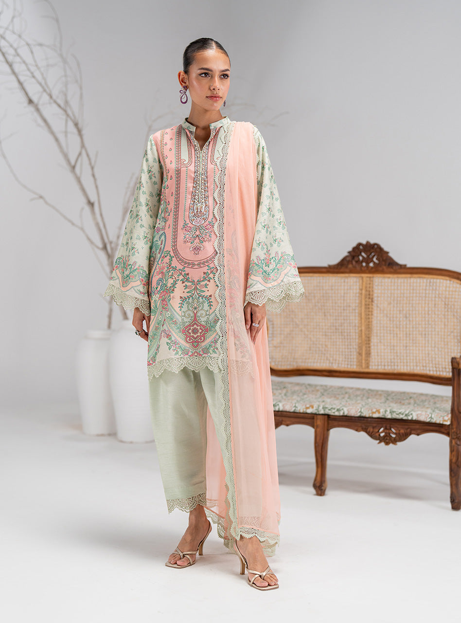 Blush Pink & Mint Printed Silk Salwar Kameez (3-Piece) - Image 1