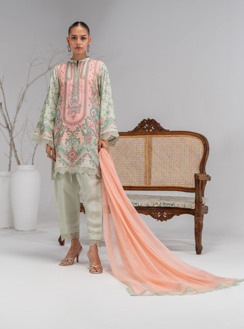 Blush Pink & Mint Printed Silk Salwar Kameez (3-Piece) - Image 2
