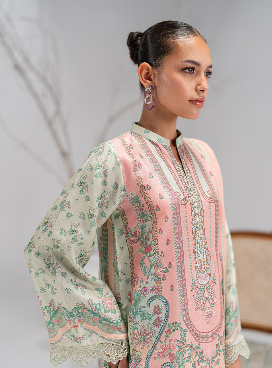 Blush Pink & Mint Printed Silk Salwar Kameez (3-Piece) - Image 3