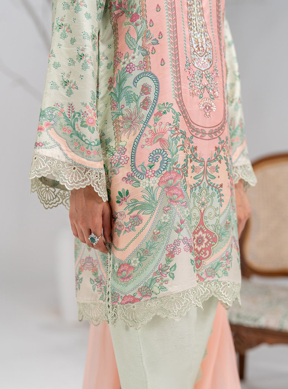 Blush Pink & Mint Printed Silk Salwar Kameez (3-Piece) - Image 4