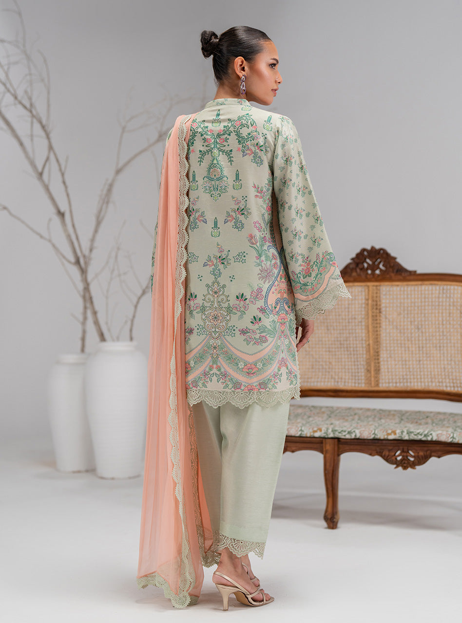 Blush Pink & Mint Printed Silk Salwar Kameez (3-Piece) - Image 6