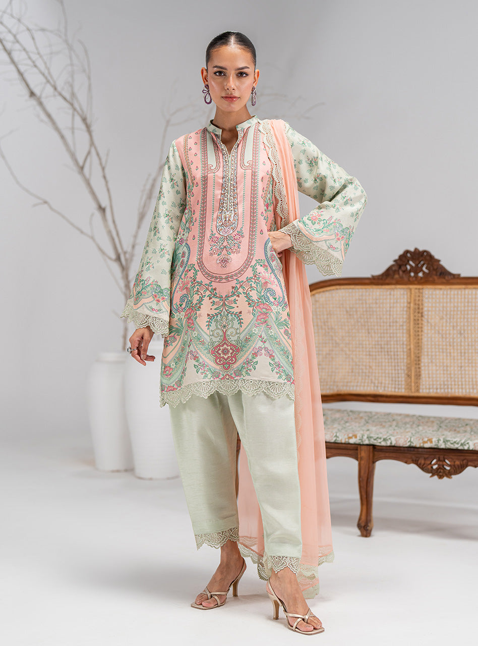 Blush Pink & Mint Printed Silk Salwar Kameez (3-Piece) - Image 7