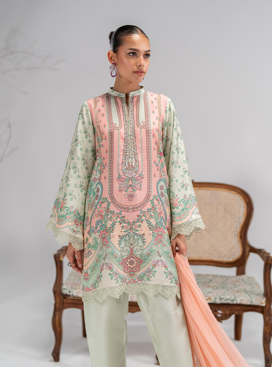 Blush Pink & Mint Printed Silk Salwar Kameez (3-Piece) - Image 9