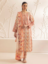 Pakistani Peach Embroidered Printed Silk Lawn Salwar Kameez (3-Piece) - Image 1