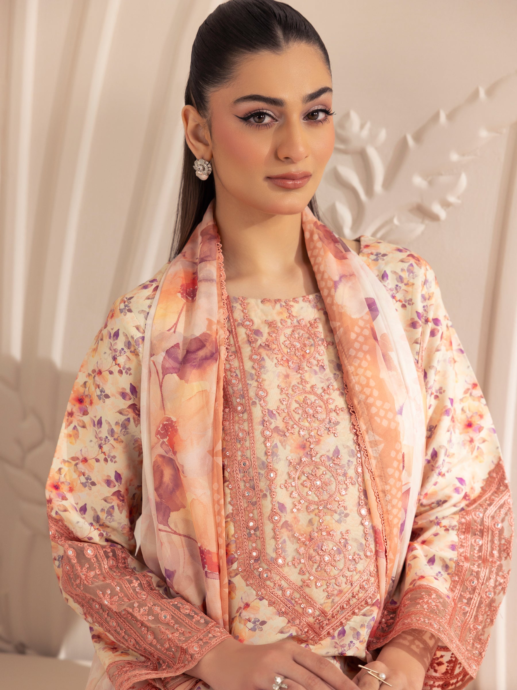 Pakistani Peach Embroidered Printed Silk Lawn Salwar Kameez (3-Piece) - Image 10