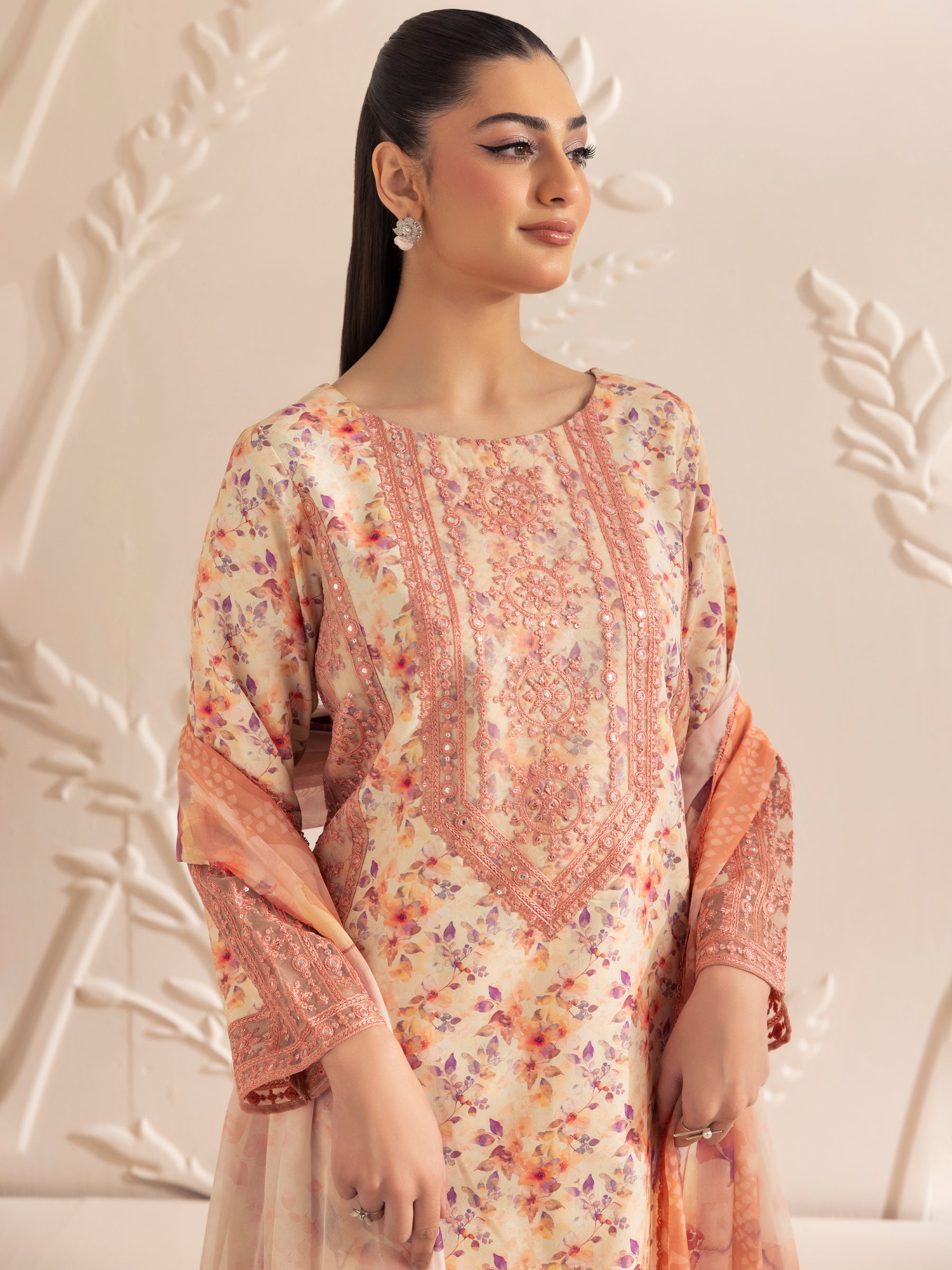Pakistani Peach Embroidered Printed Silk Lawn Salwar Kameez (3-Piece) - Image 13