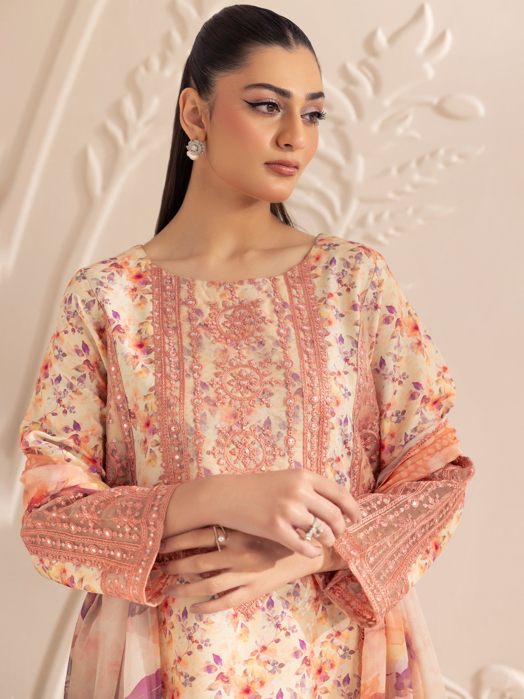 Pakistani Peach Embroidered Printed Silk Lawn Salwar Kameez (3-Piece) - Image 14