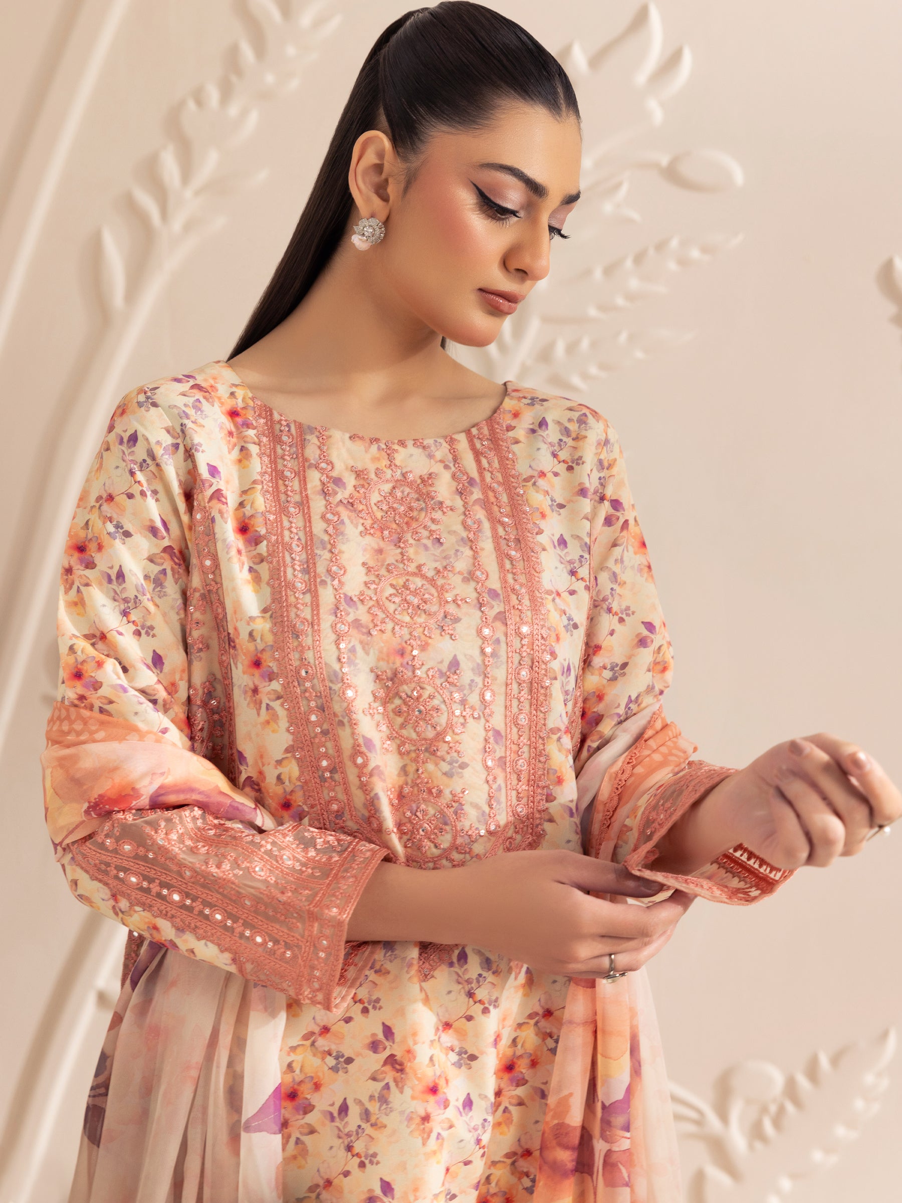 Pakistani Peach Embroidered Printed Silk Lawn Salwar Kameez (3-Piece) - Image 15