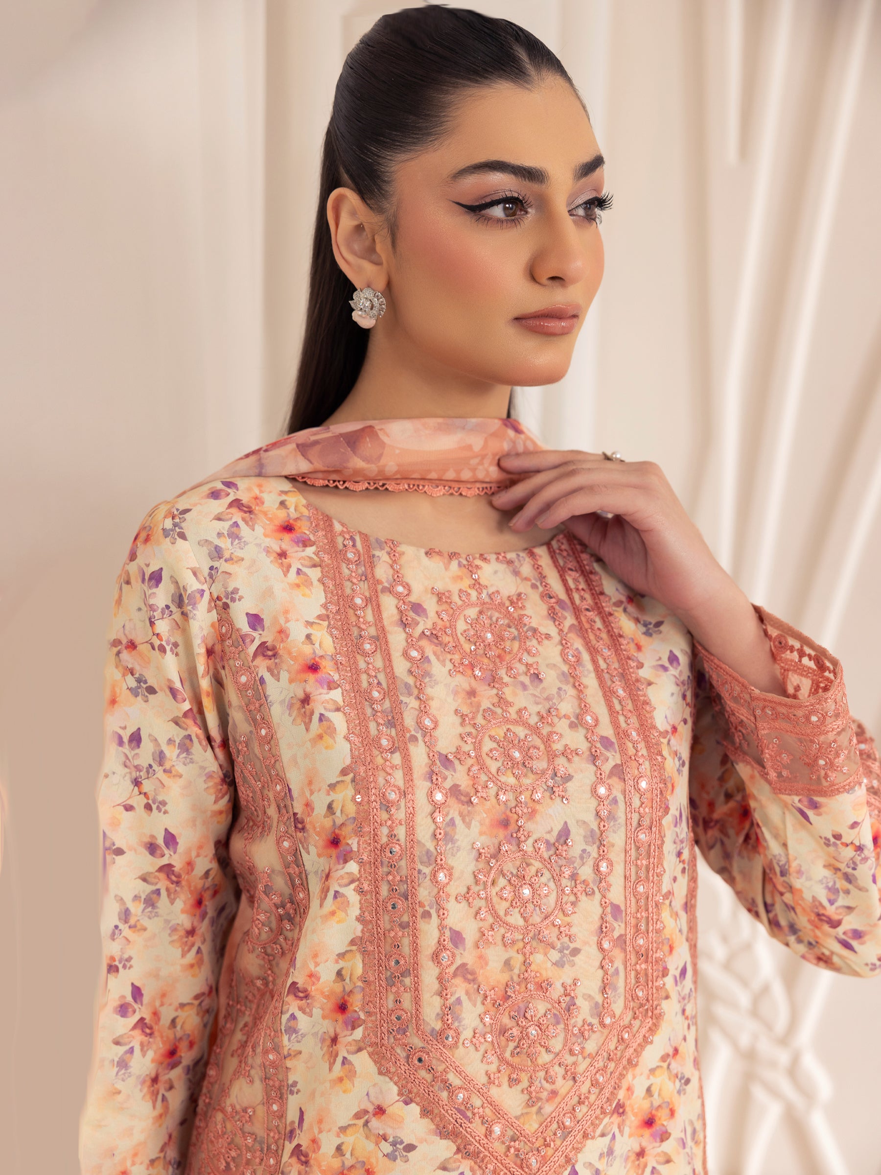 Pakistani Peach Embroidered Printed Silk Lawn Salwar Kameez (3-Piece) - Image 16