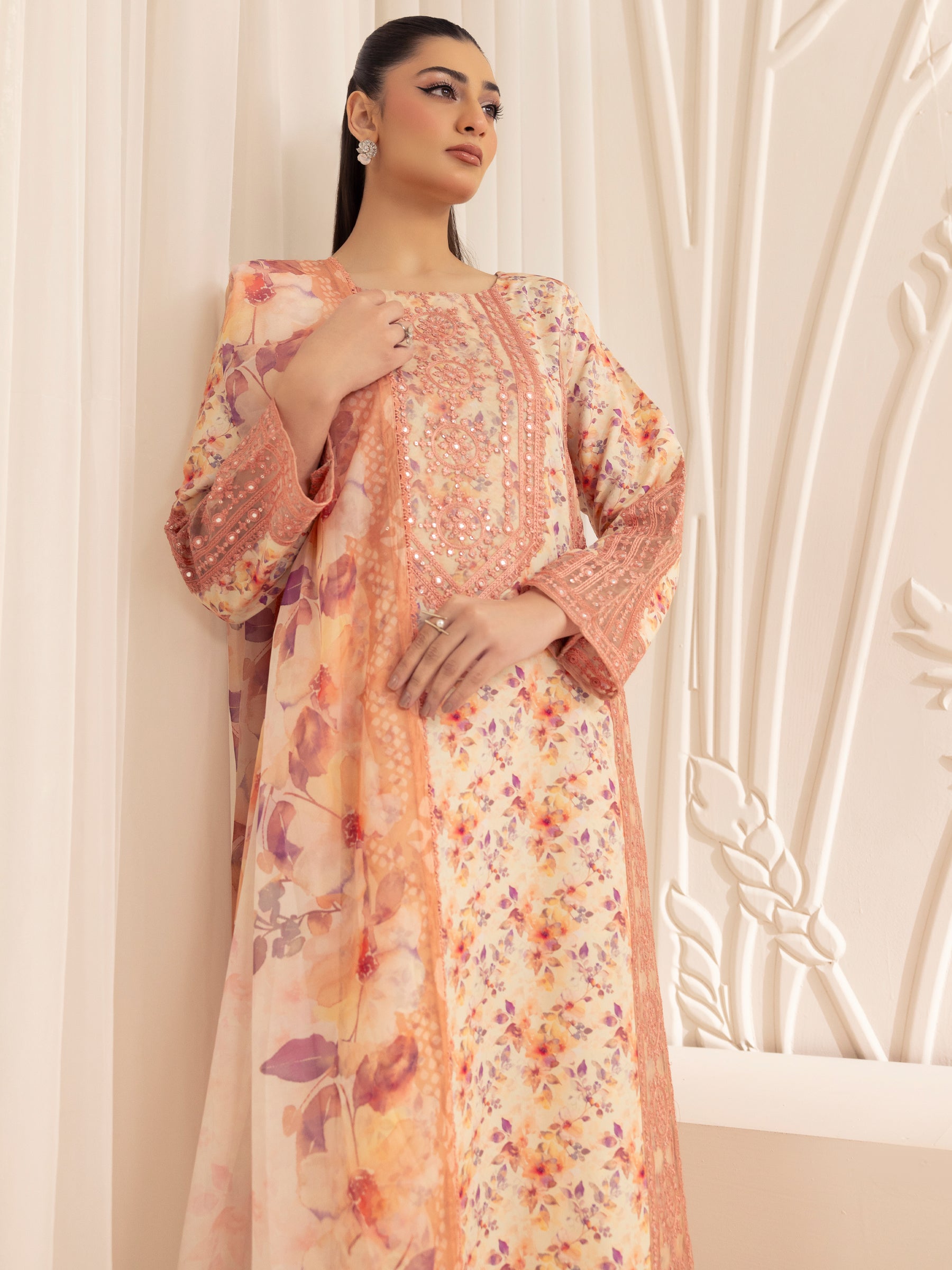 Pakistani Peach Embroidered Printed Silk Lawn Salwar Kameez (3-Piece) - Image 17