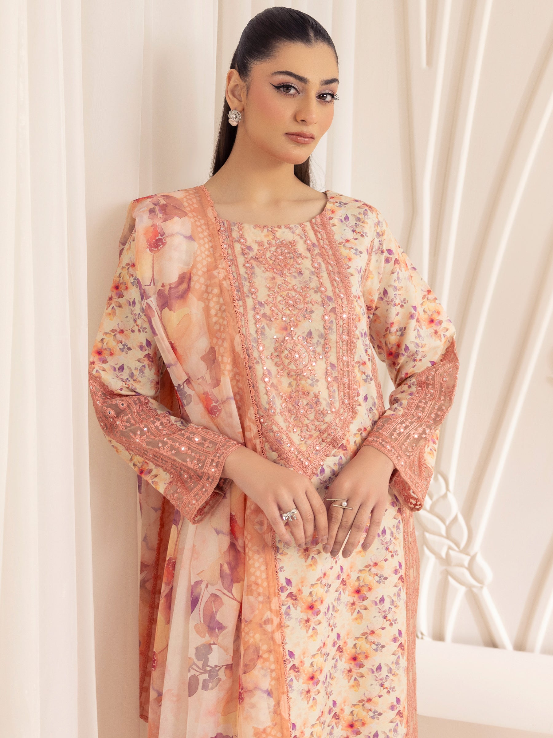 Pakistani Peach Embroidered Printed Silk Lawn Salwar Kameez (3-Piece) - Image 18