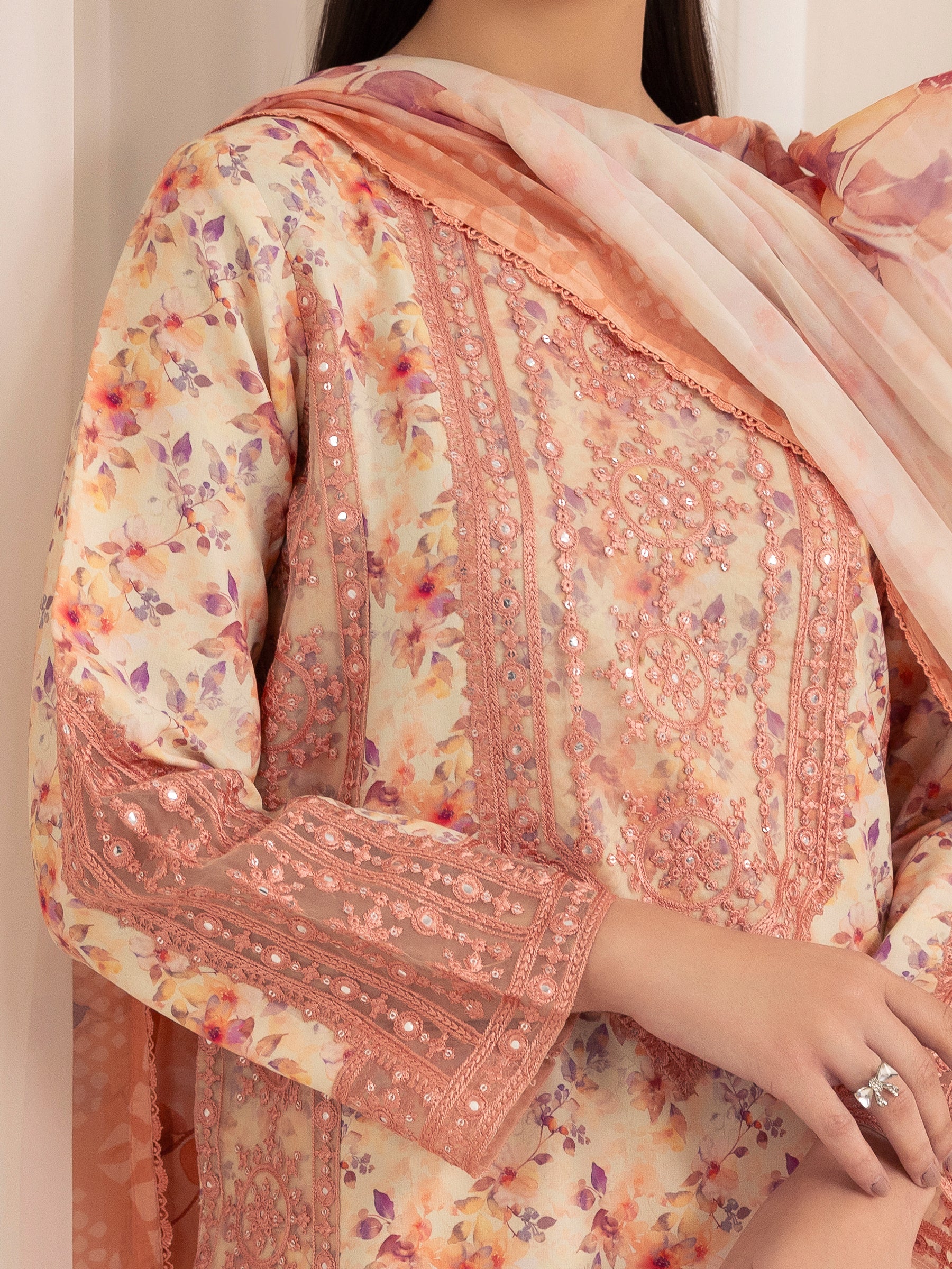 Pakistani Peach Embroidered Printed Silk Lawn Salwar Kameez (3-Piece) - Image 19